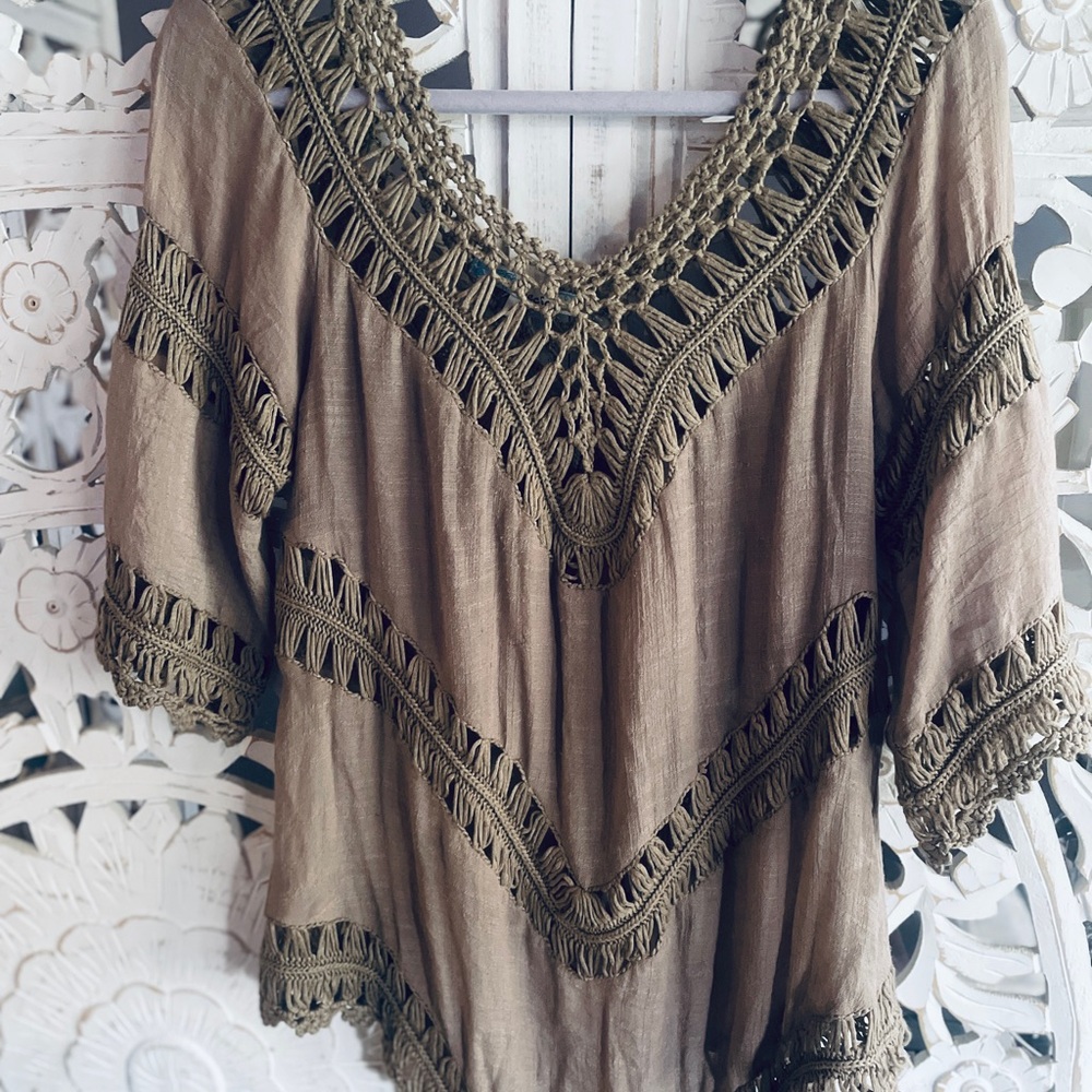 Bohemian Olive Green Crochet Trim Top